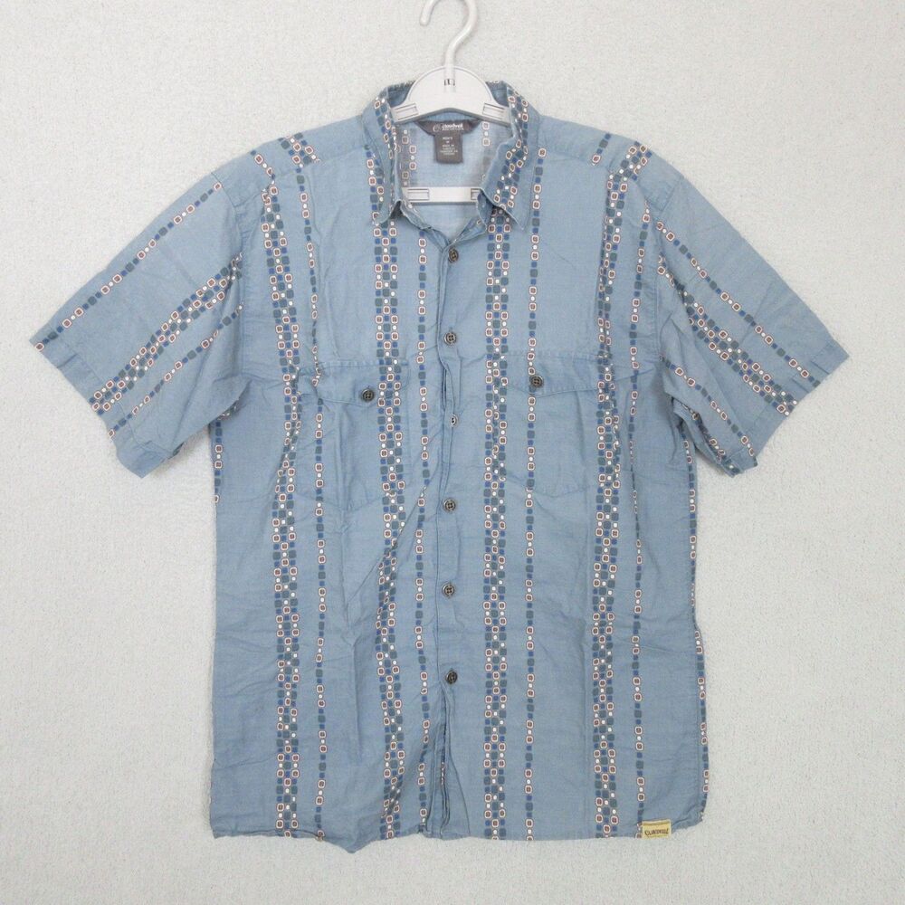 Cloudveil Shirt Mens M Blue Geometric Vertical Stripe Short Sleeve Button Front